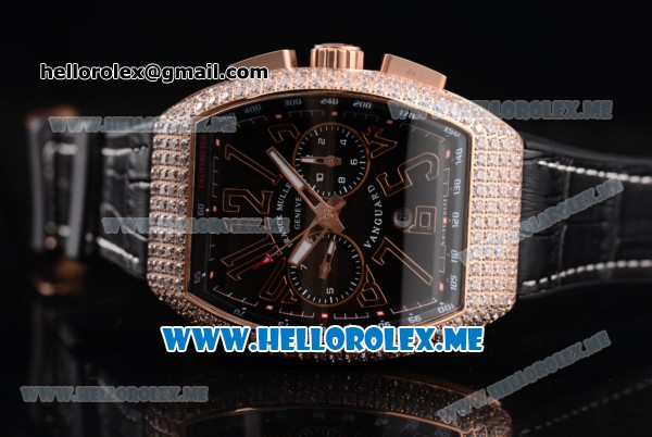 Franck Muller Vanguard Miyota OS20 Quartz Rose Gold Case with Black Dial Black Leather Strap and Diamonds Bezel - Click Image to Close